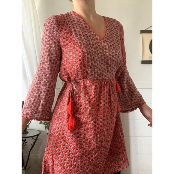 Boden Red Floral Print Tunic Dress Tassel Pom Pom - Picture 3 of 13